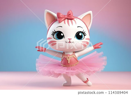 A kitten in a pink tutu dances ballet. AI generated.  114389404