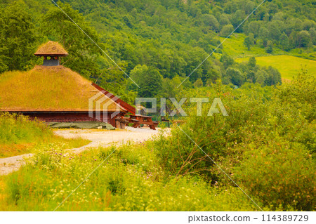 Modern wooden cabin in forest Norway 114389729