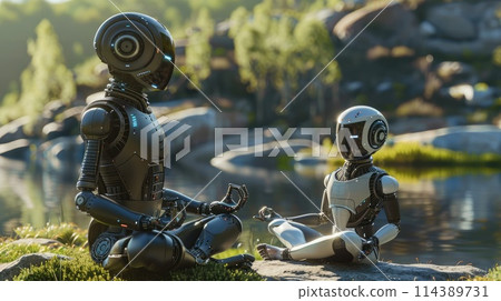 In a tranquil natural setting, a human and robot meditate, symbolizing peace. Robotic relationships 114389731