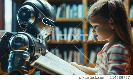 Robot reads a story to a child, showcasing robots' nurturing potential in society. Robotic relationships Robot reads a story to a child, showcasing robots' nurturing potential in society. Robotic relationships 114389757
