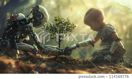 Symbiotic future: a child and robot planting a tree, highlighting tech's potential to aid environmental growth. Robotic relationships Symbiotic future: a child and robot planting a tree, highlighting tech's potential to aid environmental growth. Robotic relationships 114389776