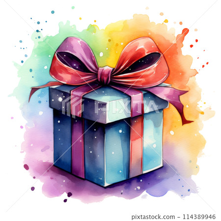 Watercolor Painting of a Gift Box With a Bow 114389946