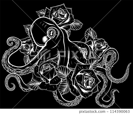 white silhouette of octopus with roses on black background vector illustration design digital draw white silhouette of octopus with roses on black background vector illustration design digital draw 114390063