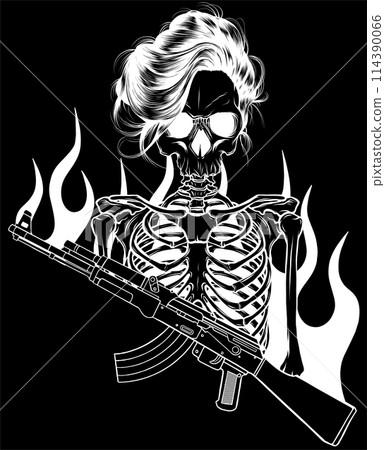 white silhouette of woman Skeleton holding assault rifle with flames vector illustration design on black background 114390066