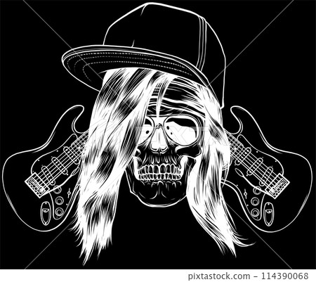 white silhouette of crossed guitars and skull with bonnet and glasses. hand draw on black background 114390068