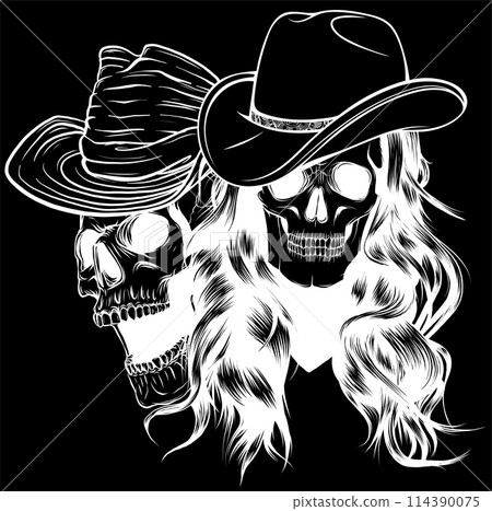 white silhouette of human skulls cowboy and woman vector illustration on black background 114390075