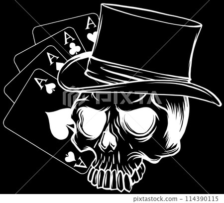 white silhouette of Gentleman skull in cylinder hat with aces poker on black background vector illustration. digital hand draw 114390115