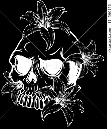 white silhouette of human Skull with flowers on black background vector design digital hand draw white silhouette of human Skull with flowers on black background vector design digital hand draw 114390136