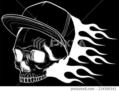 white silhouette of skull with hat and flames on black background vector illustration white silhouette of skull with hat and flames on black background vector illustration 114390141