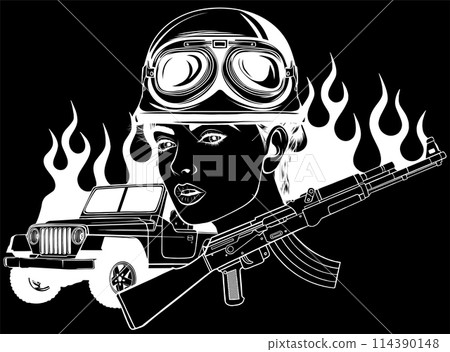 white silhouette of sexy army girl with assault rifle vector 114390148
