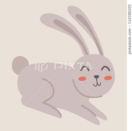 Happy fluffy rabbit in flat design. Livestock ranch farming with cute bunny. Vector illustration isolated. 114390205