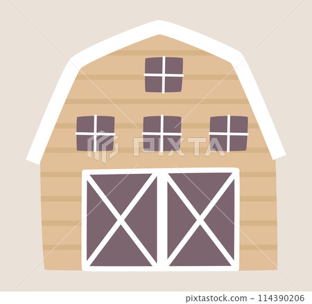 Wooden farming barn in flat design. Countryside farmhouse exterior with gates. Vector illustration isolated. 114390206