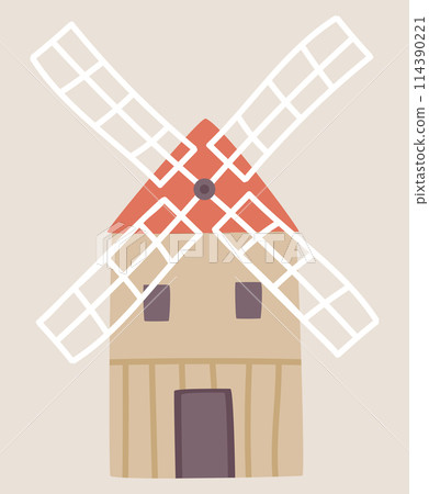 Wooden farming mill in flat design. Countryside windmill farm exterior. Vector illustration isolated. 114390221