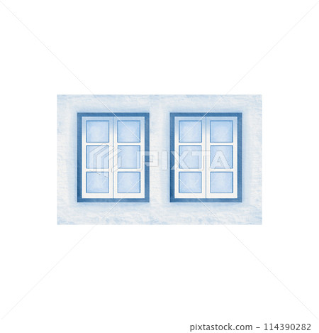 Windows with wooden closed-frame as an element of medieval house facade in the center of old European town in monochrome blue and white colors. For patterns, images of facades, stickers, postcards. Windows with wooden closed-frame as an element of medieval house facade in the center of old European town in monochrome blue and white colors. For patterns, images of facades, stickers, postcards. 114390282