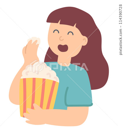 Happy girl eating popcorn in flat design. Festival fast food in bucket. Vector illustration isolated. 114390728