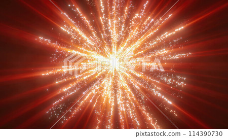 Red festive bright energy magical fireworks salute explosion with light rays lines and energy particles. Abstract background Red festive bright energy magical fireworks salute explosion with light rays lines and energy particles. Abstract background 114390730