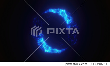 Blue swirling circle frame of multicolored lines of energy particles. Abstract background Blue swirling circle frame of multicolored lines of energy particles. Abstract background 114390731