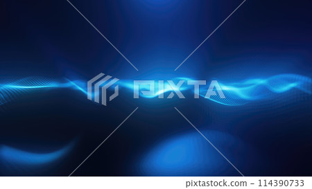 Blue energy magic waves high tech digital iridescent morphing with light rays lines and energy particles. Abstract background 114390733