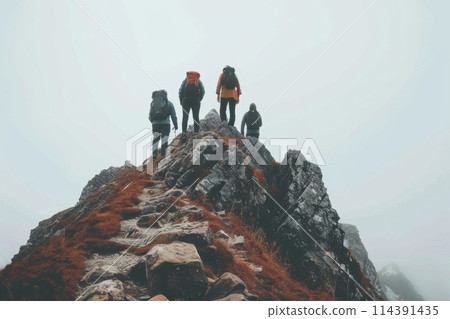 Hikers Conquering Mountain Peak 114391435