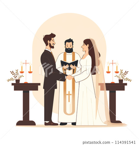 A Marriage Ceremony Uniting A Man And Woman As They Clasp Hands, Standing Beside The Altar Adorned With A Candlestick. A Union Of Devout Catholics Seeking Matrimony And The Blessing Of The Holy 114391541