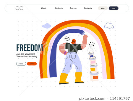 Life Unframed: Rainbow artist -modern flat vector concept illustration of a man drawing a rainbow. Metaphor of unpredictability, imagination, whimsy, cycle of existence, play, growth and discovery 114391797