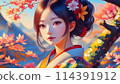 穿著和服的女人，背景是秋葉 114391912