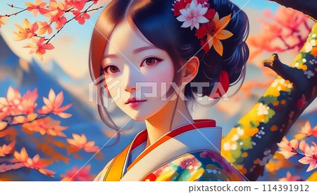 穿著和服的女人，背景是秋葉 114391912