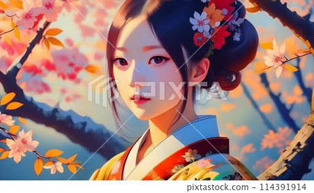 穿著和服的女人，背景是秋葉 114391914