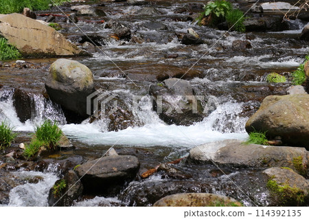 Clear waterfall, cool negative ion scenery, Sugadaira Plateau 114392135
