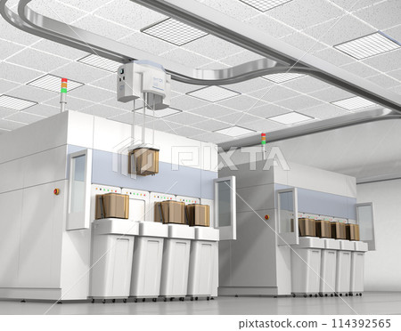 Image of OHT transport equipment, etching and cleaning equipment in a semiconductor manufacturing factory 114392565