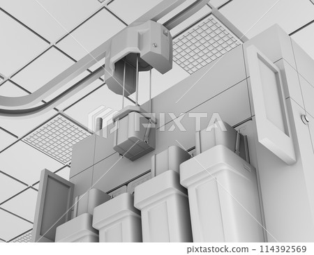 Clay rendering of OHT transport equipment, etching and cleaning equipment in a semiconductor manufacturing plant 114392569