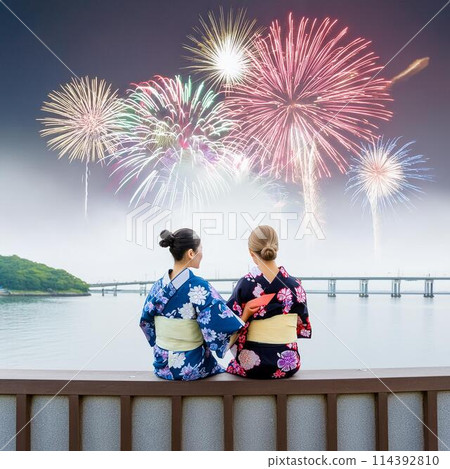 A woman in a yukata watching fireworks 114392810