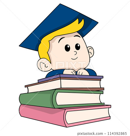 little boy wearing a graduation cap is hanging out with a science book 114392865