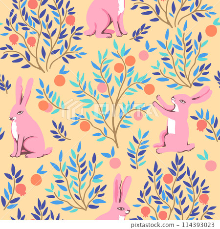 Funny seamless pattern with pink rabbits in orange and pomegranate garden. Cute vector illustration in modern style in delicate pastel colors. Funny seamless pattern with pink rabbits in orange and pomegranate garden. Cute vector illustration in modern style in delicate pastel colors. 114393023