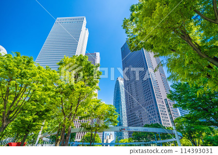 Shinjuku, Tokyo cityscape in Japan. View of Nishi-Shinjuku sign at the intersection behind Shinjuku Police Station and skyscrapers, April 28th Shinjuku, Tokyo cityscape in Japan. View of Nishi-Shinjuku sign at the intersection behind Shinjuku Police Station and skyscrapers, April 28th 114393031