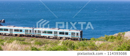 A train on the Hachinohe Line running along the Tanesashi Coast in Aomori Prefecture A train on the Hachinohe Line running along the Tanesashi Coast in Aomori Prefecture 114393086