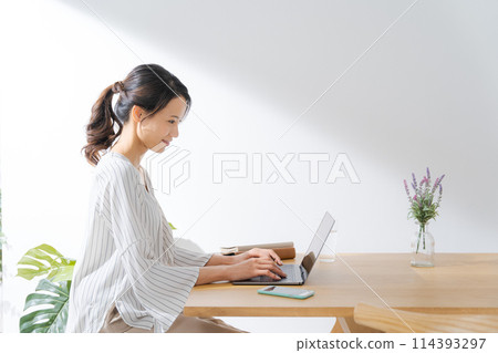 Profile of a woman operating a computer Profile of a woman operating a computer 114393297