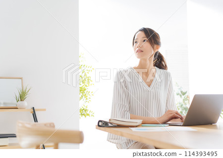 A woman using a computer 114393495