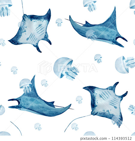 Manta ray and jellyfish watercolor seamless pattern on white. High quality hand-drawn monochromatic illustration for notebooks, posters, wallpaper, textile, beach towel, wrapping paper and room decor 114393512