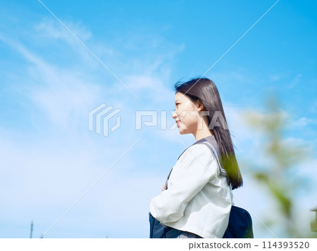School girls looking up at the sky 114393520