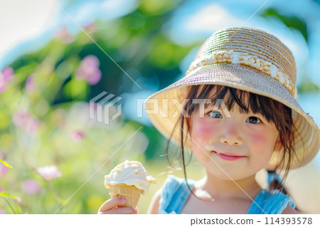 炎熱夏日吃冰淇淋的女孩 AI 影像 114393578