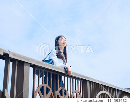 high school girl standing on the roof high school girl standing on the roof 114393682