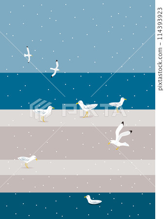 Illustration of the winter sea, horizon and seagulls on a breakwater Illustration of the winter sea, horizon and seagulls on a breakwater 114393923