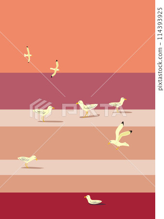 An illustration of the sea at dusk, the horizon, and seagulls on a breakwater An illustration of the sea at dusk, the horizon, and seagulls on a breakwater 114393925