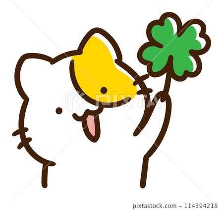 A deformed illustration of a cute cat character holding a four-leaf clover A deformed illustration of a cute cat character holding a four-leaf clover 114394218