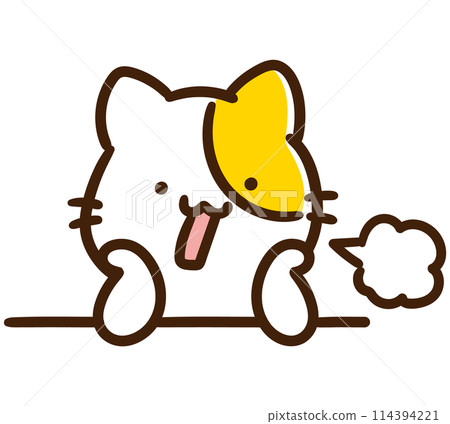 A deformed illustration of a cute cat character sighing with his elbows on the table A deformed illustration of a cute cat character sighing with his elbows on the table 114394221