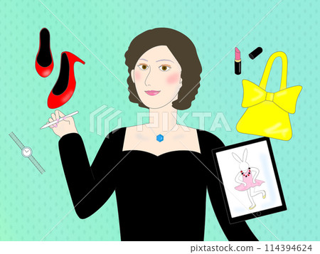 女性設計師(綠色背景) 設計時尚、化妝品等各種物品的創作者 女性設計師(綠色背景) 設計時尚、化妝品等各種物品的創作者 114394624
