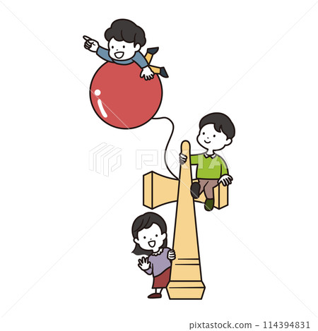 Illustration material of two boys and a girl playing with a large Kendama 114394831