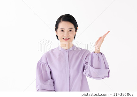 Middle-aged woman portrait waving her hands 114395062