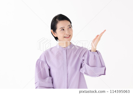 Middle-aged woman portrait waving her hands 114395063
